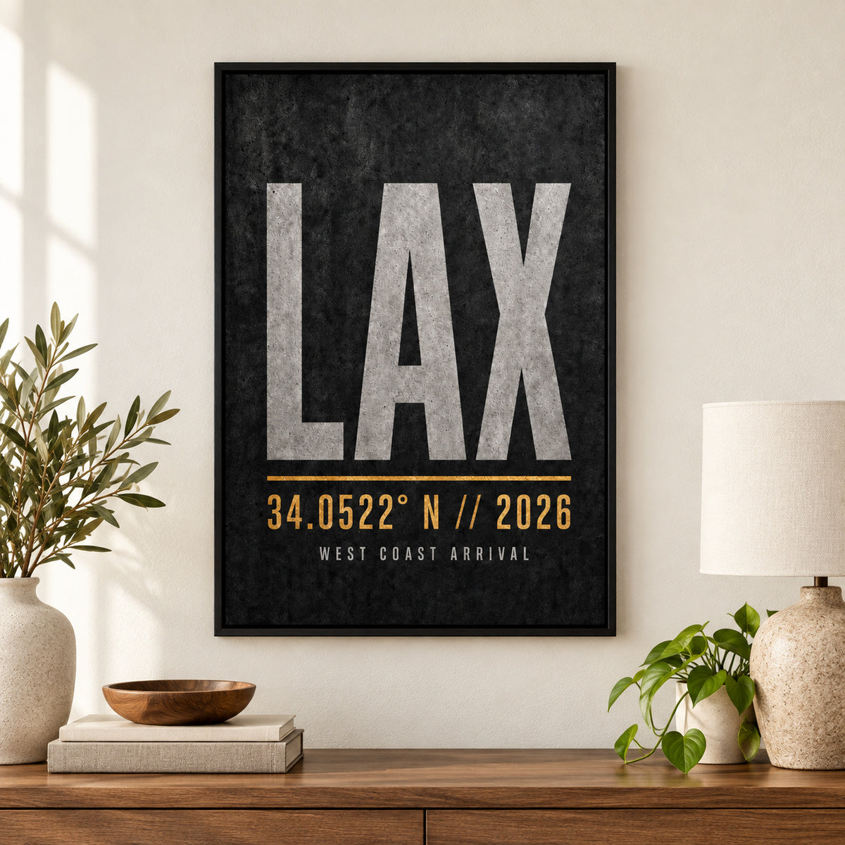 LAX Airport Code Coordinates Canvas Wall Art | black_independent_close