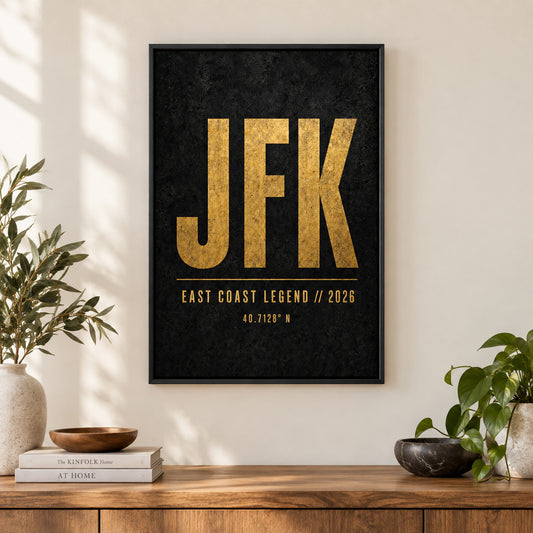 JFK Airport Code Coordinates Canvas Wall Art | black_independent_close