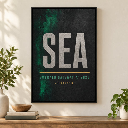 SEA Airport Code Coordinates Canvas Wall Art | black_independent_close