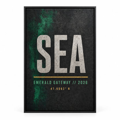 SEA Airport Code Coordinates Canvas Wall Art | black_sku