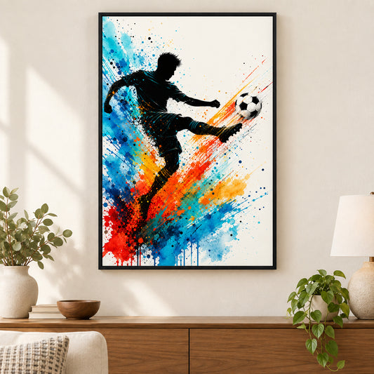 Dynamic Splatter Striker Soccer Canvas Wall Art | black_independent_close