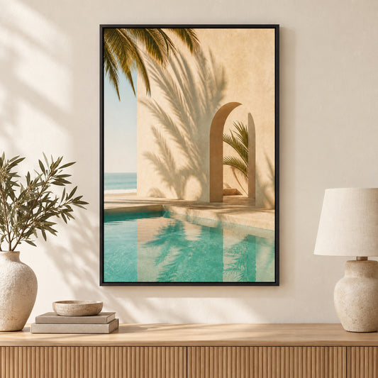 Retro Pool Palm Shadows Canvas Wall Art | black_independent_close