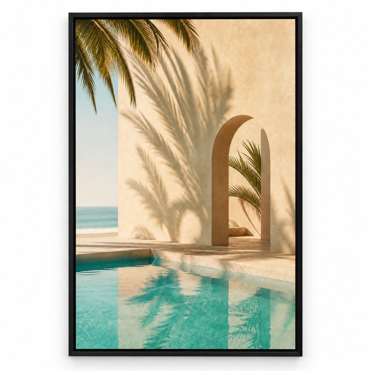 Retro Pool Palm Shadows Canvas Wall Art | black_sku