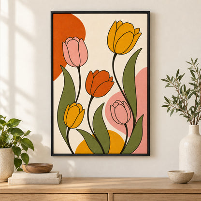 Retro Tulips Mid-Century Canvas Wall Art | black_independent_close