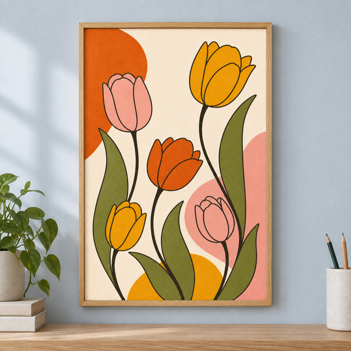 Retro Tulips Mid-Century Canvas Wall Art | brown_independent_close