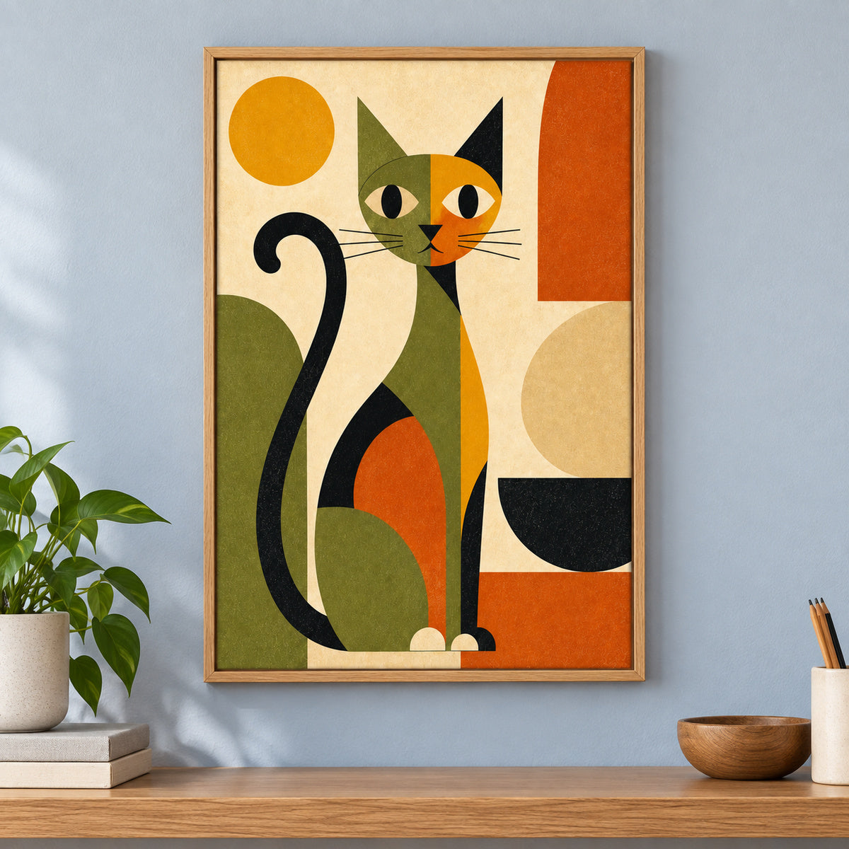 Abstract Cat Mid-Century Canvas Wall Art | brown_independent_close