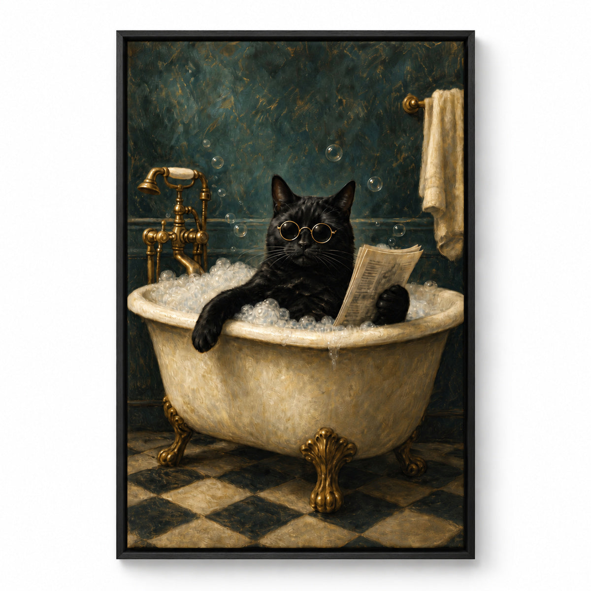 Lustiges Leinwand-Wandbild mit schwarzer Katze in der Badewanne | Freigegebener schwarzer Schattenfugenrahmen, vollständige Produkt-SKU | schwarz_sku