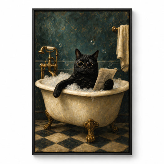 Funny Black Cat Bathtub Canvas Wall Art | Approved Black floating frame full product SKU | black_sku