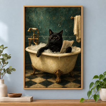 Funny Black Cat Bathtub Canvas Wall Art | brown_independent_close