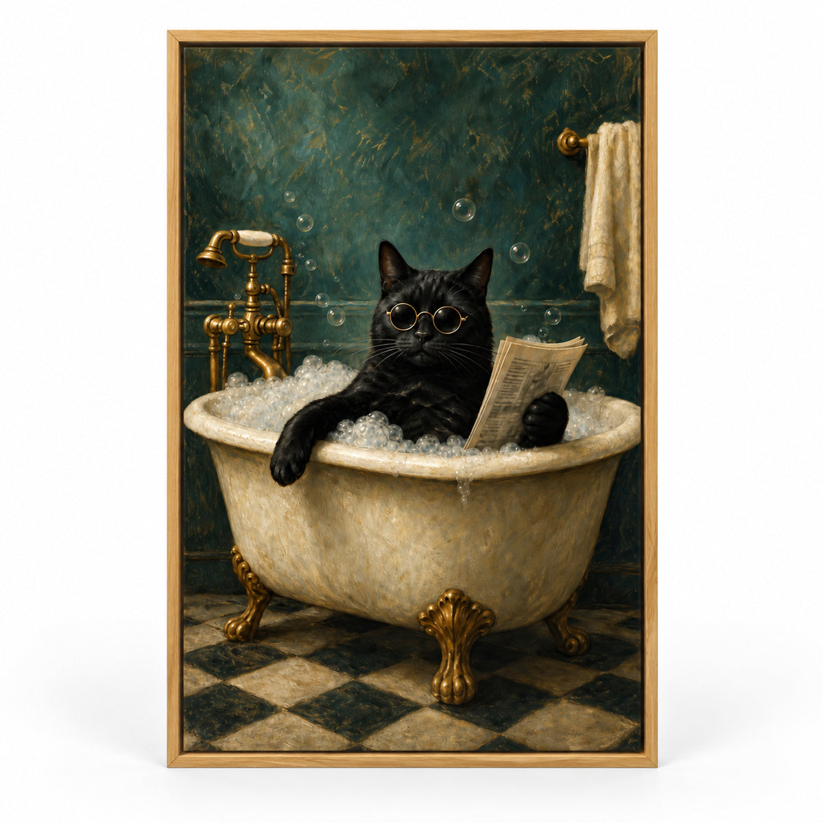 Funny Black Cat Bathtub Canvas Wall Art | brown_sku