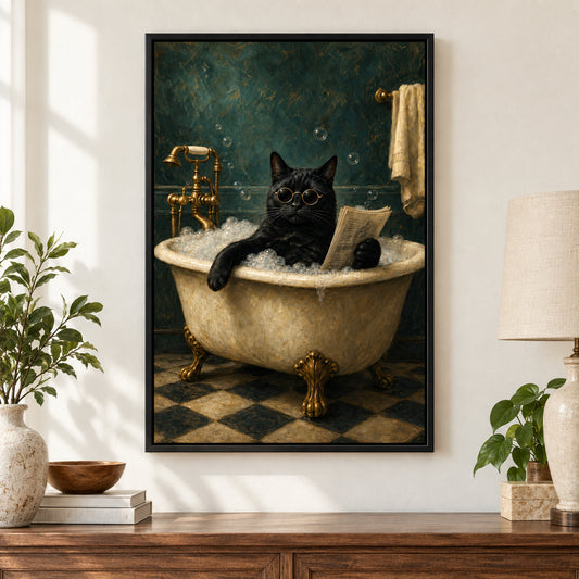 Funny Black Cat Bathtub Canvas Wall Art | Approved Black frame independent close | black_independent_close