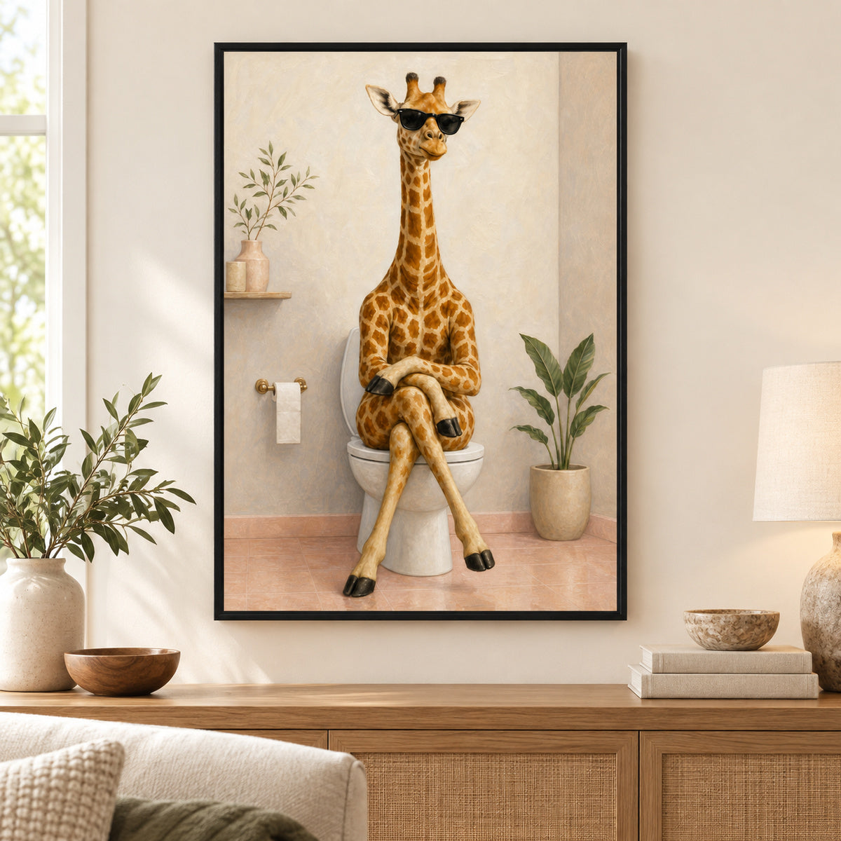 Sunglasses Giraffe Toilet Canvas Wall Art | black_independent_close