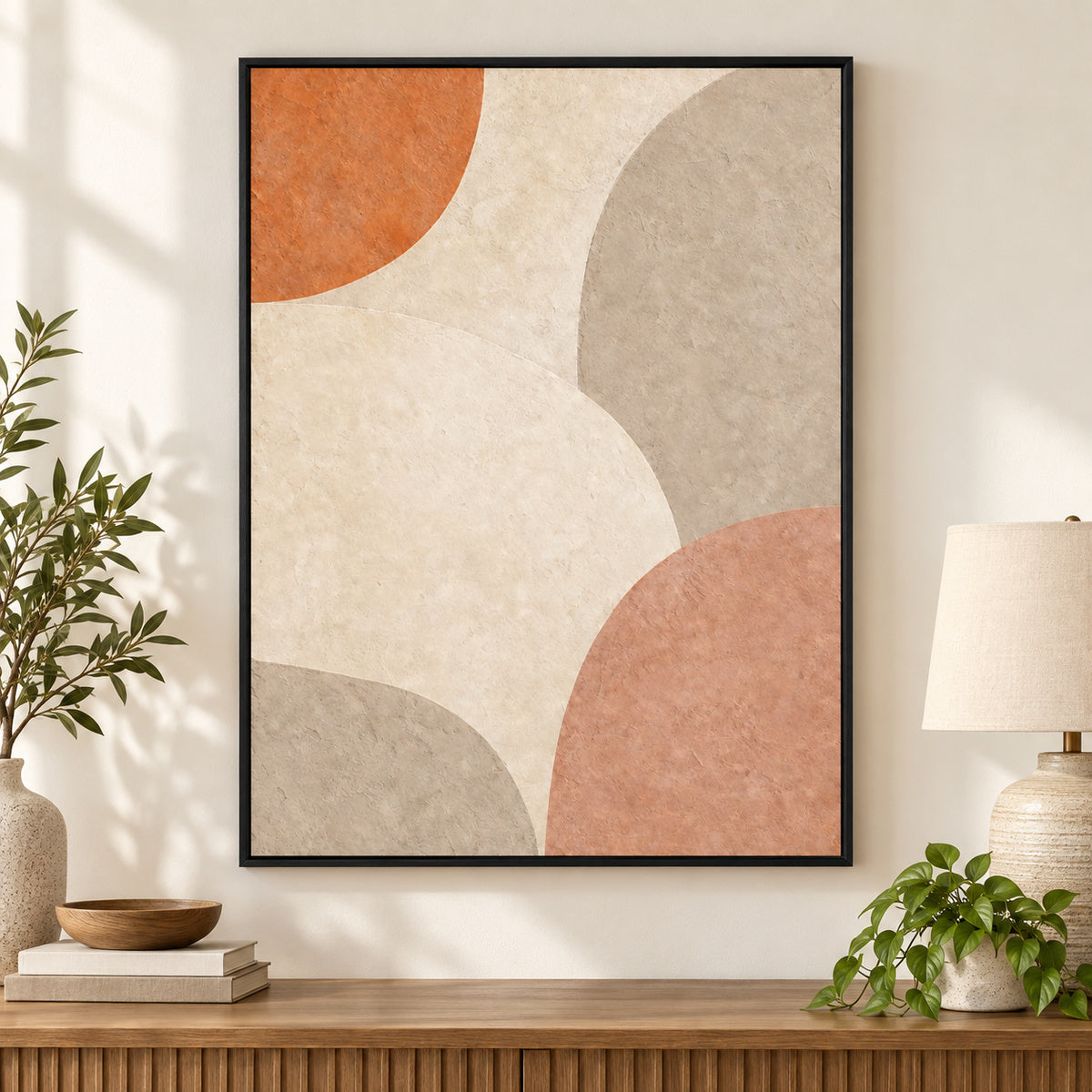 Creamy Japandi Raw Sand Geometric Canvas Wall Art | black_independent_close