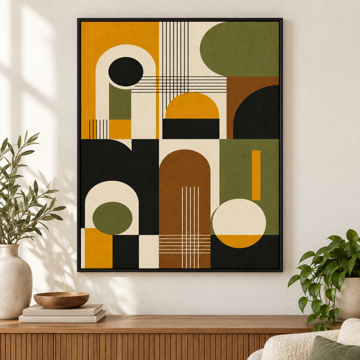 Mid-Century Bauhaus Interlocking Geometry Canvas Wall Art 02 | black_independent_close