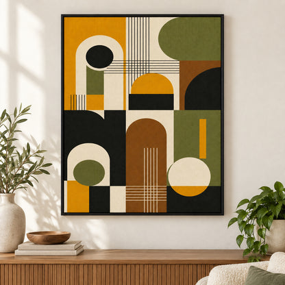 Mid-Century Bauhaus Interlocking Geometry Canvas Wall Art 02 | black_independent_close