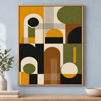 Mid-Century Bauhaus Interlocking Geometry Canvas Wall Art 02 | brown_independent_close