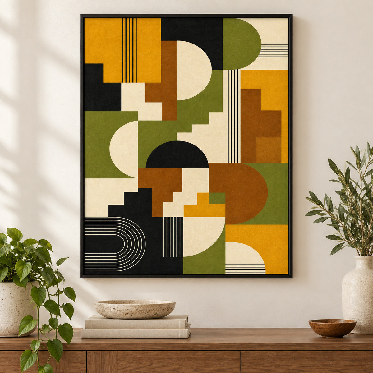 Mid-Century Bauhaus Stepped Geometry Canvas Wall Art 05 | black_independent_close