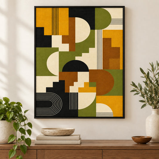 Mid-Century Bauhaus Stepped Geometry Canvas Wall Art 05 | black_independent_close