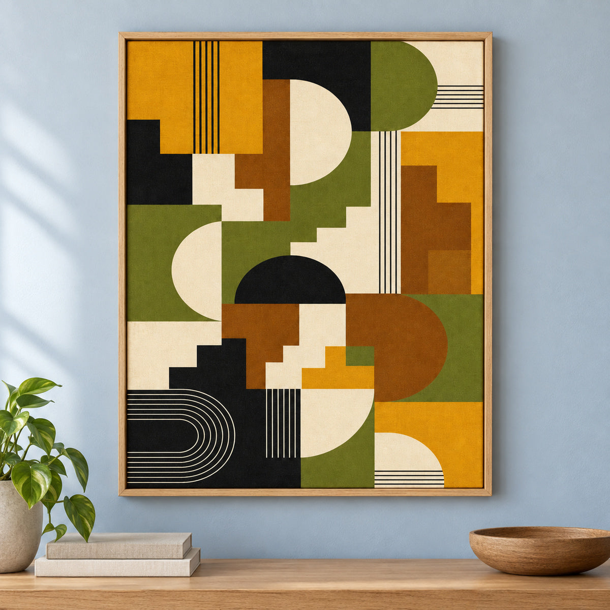 Mid-Century Bauhaus Stepped Geometry Canvas Wall Art 05 | brown_independent_close