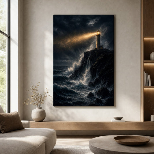 Lighthouse Against Breaking Waves Canvas Wall Art — room scene