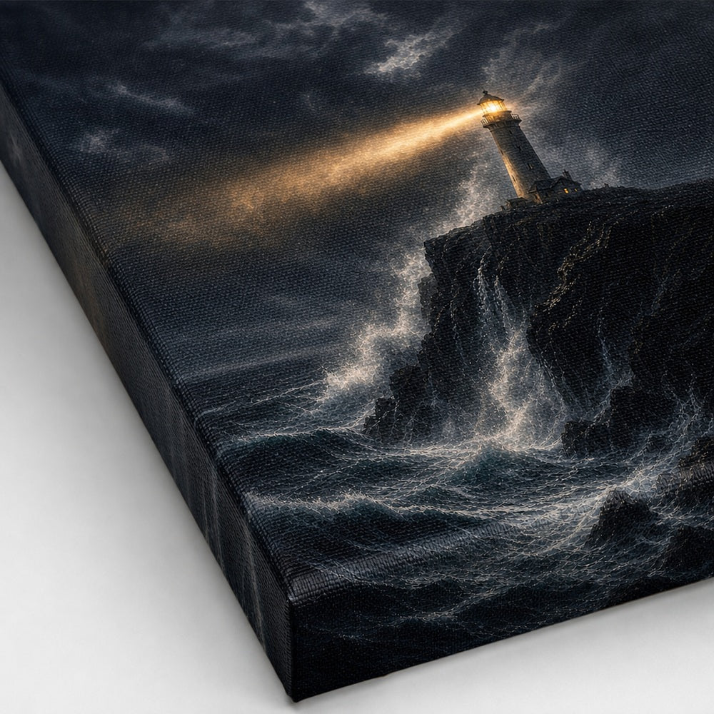 Lighthouse Against Breaking Waves Canvas Wall Art - 03_detail_closeup
