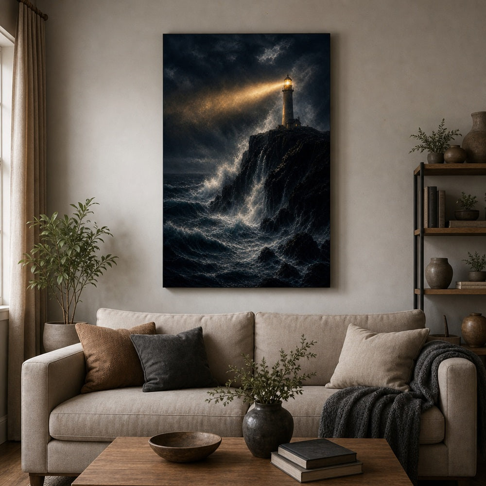 Lighthouse Against Breaking Waves Canvas Wall Art - 06_sku_24x36_wall