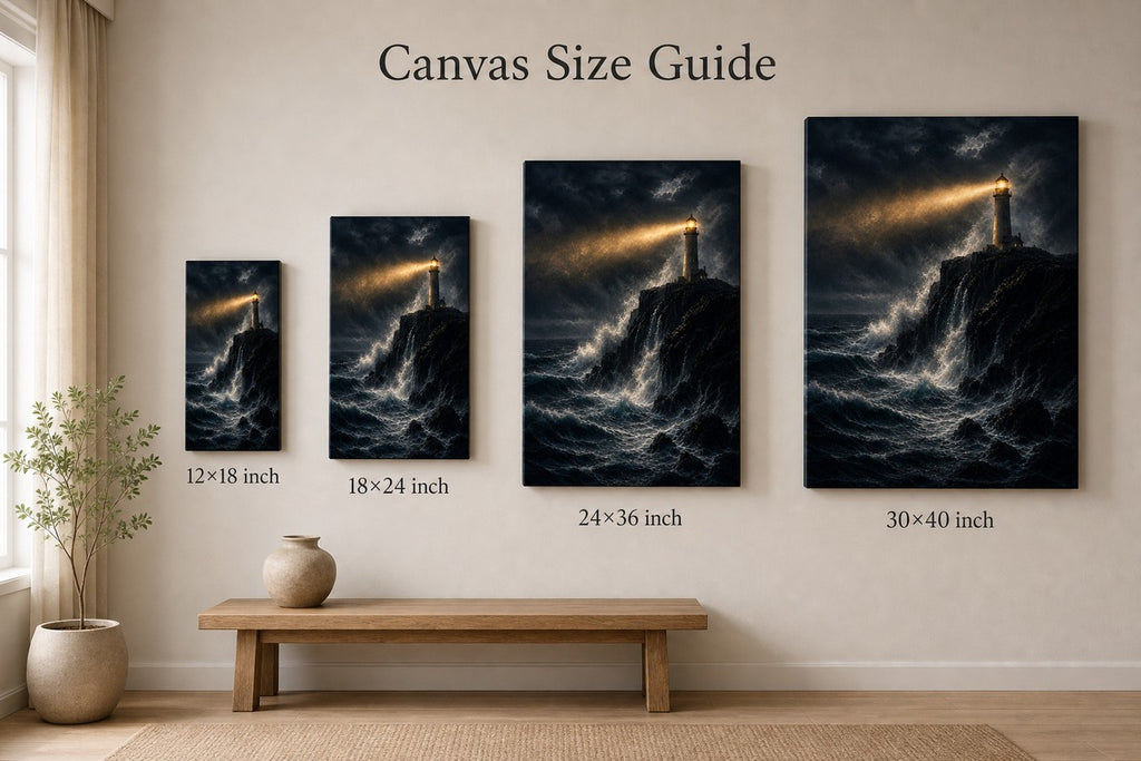 Lighthouse Against Breaking Waves Canvas Wall Art - 08_size_comparison