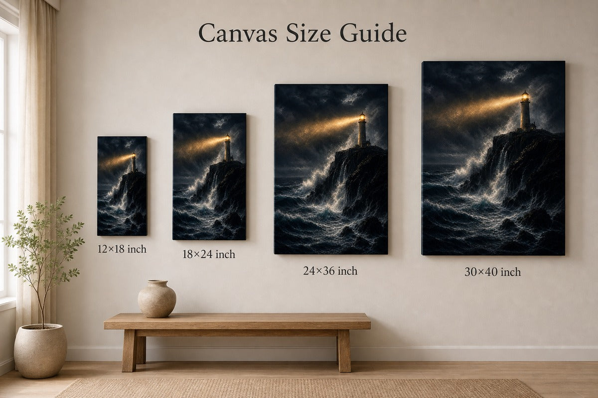 Lighthouse Against Breaking Waves Canvas Wall Art - 08_size_comparison