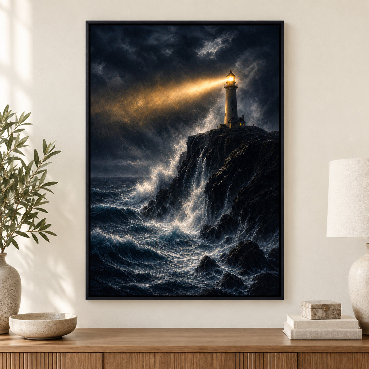 Lighthouse Against Breaking Waves Canvas Wall Art | black_independent_close