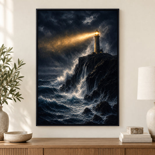 Lighthouse Against Breaking Waves Canvas Wall Art | black_independent_close