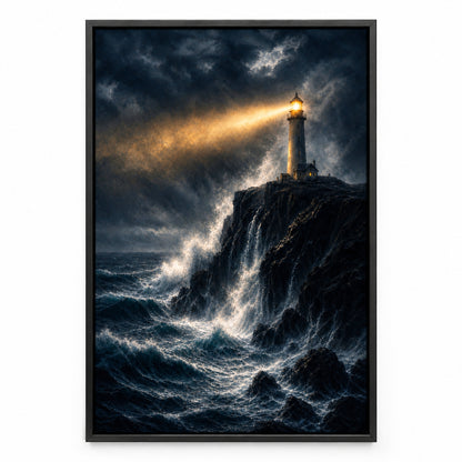 Lighthouse Against Breaking Waves Canvas Wall Art | black_sku