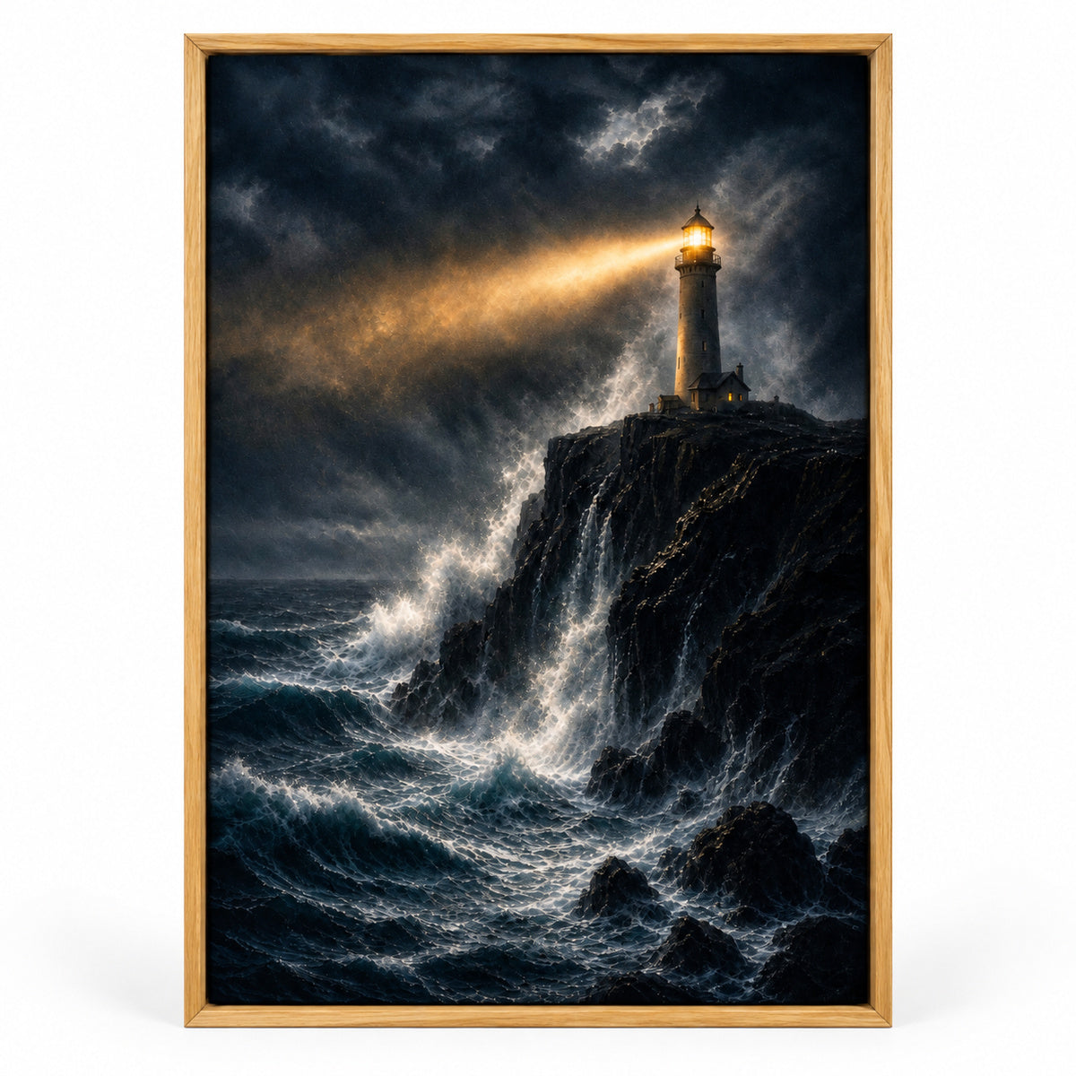 Lighthouse Against Breaking Waves Canvas Wall Art | brown_sku