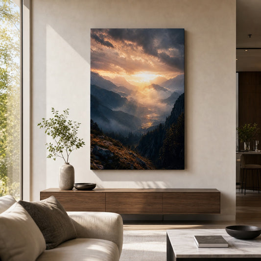 Dawn Through Mountains Natural Metaphor Canvas Wall Art — room scene