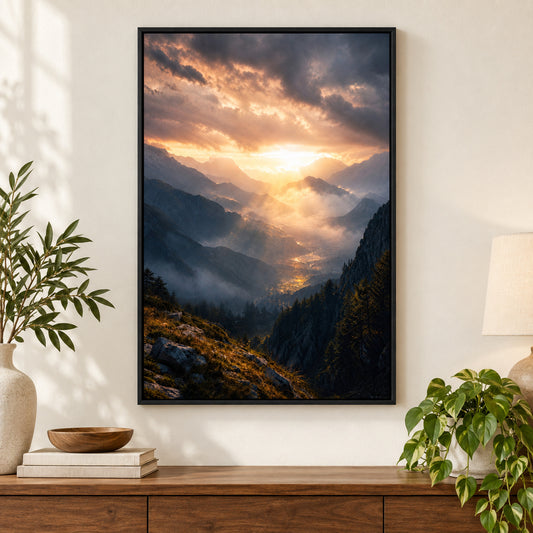 Dawn Through Mountains Natural Metaphor Canvas Wall Art | black_independent_close