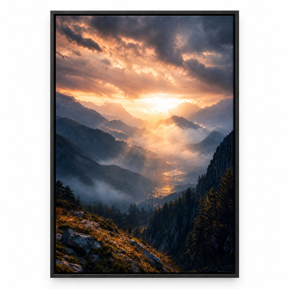 Dawn Through Mountains Natural Metaphor Canvas Wall Art | black_sku