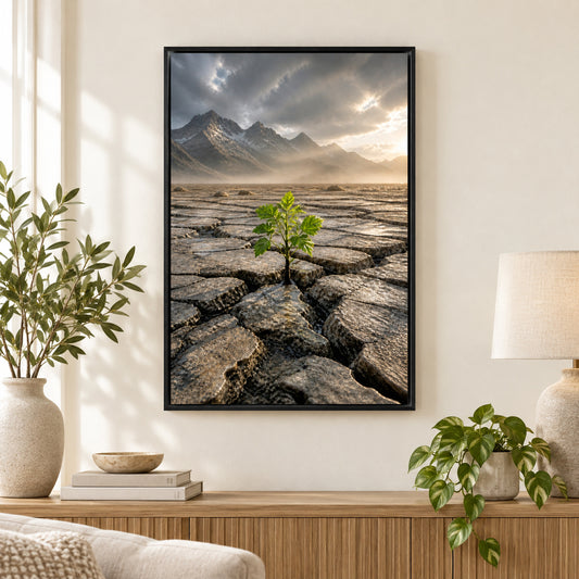 Seedling Through Cracked Stone Canvas Wall Art | black_independent_close