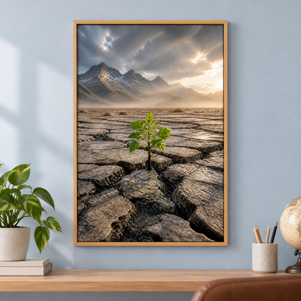 Seedling Through Cracked Stone Canvas Wall Art | brown_independent_close