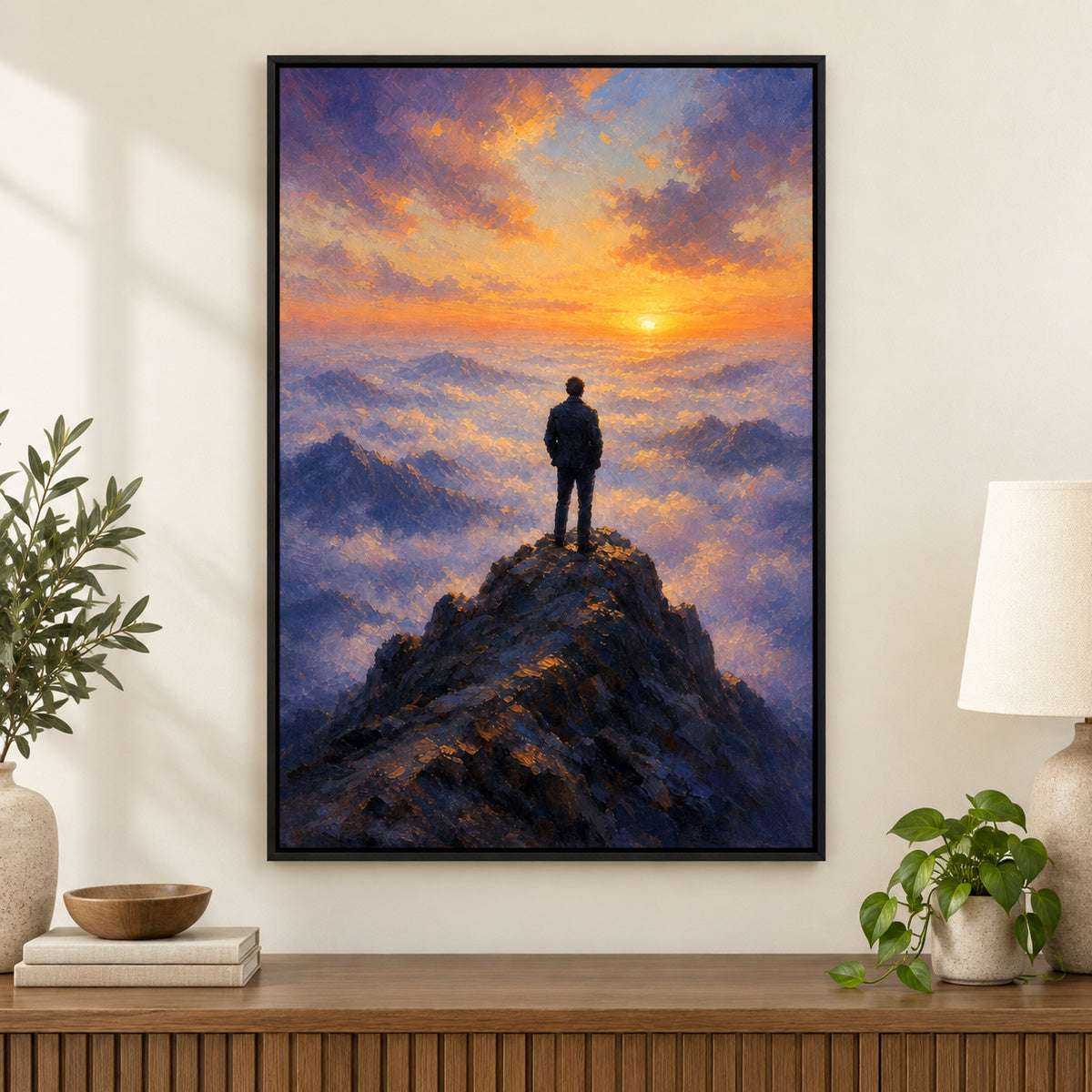 Wanderer Above Mist Impressionistic Sunrise Canvas Wall Art | black_independent_close