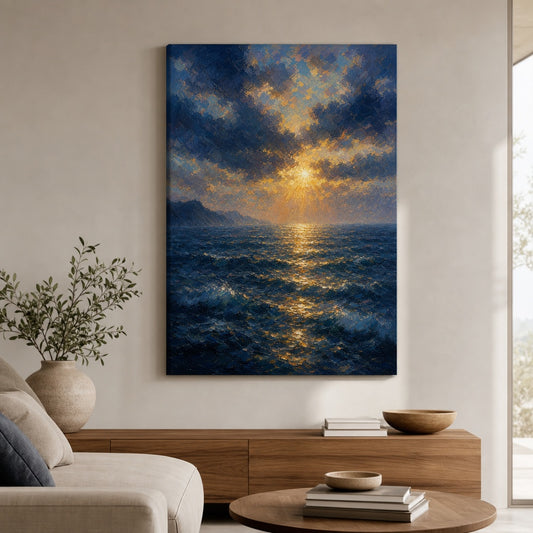 First Light Ocean Impressionistic Sunrise Canvas Wall Art — room scene
