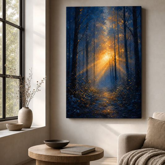 Forest Light Breakthrough Impressionistic Sunrise Canvas Wall Art — room scene
