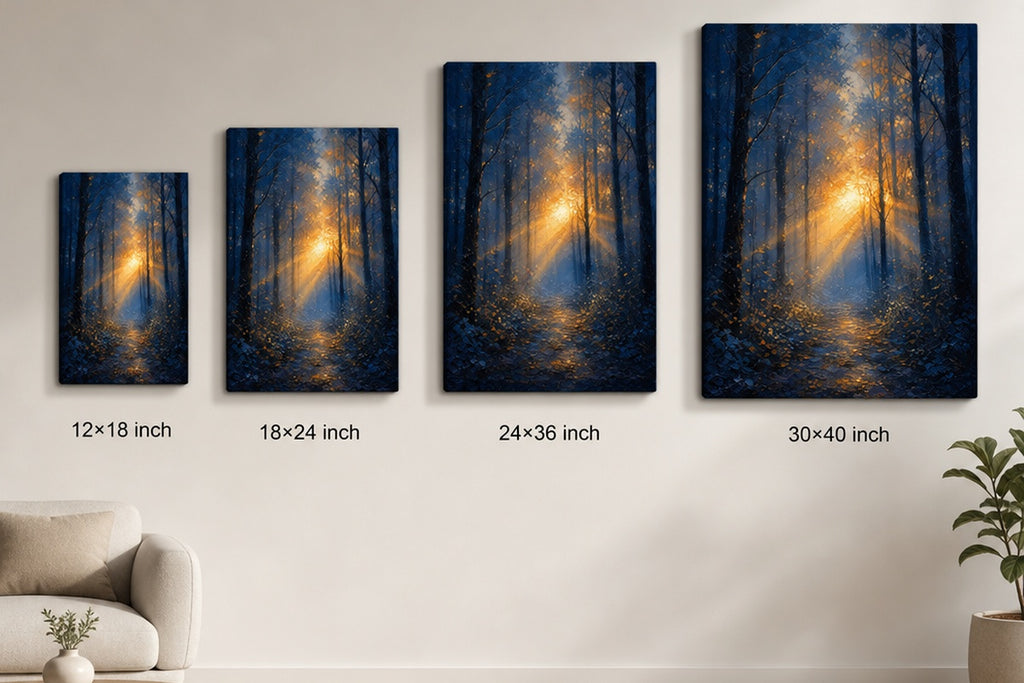 Forest Light Breakthrough Impressionistic Sunrise Canvas Wall Art - 08_size_comparison