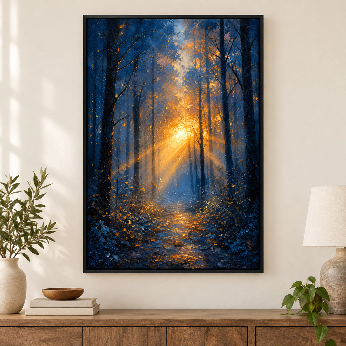 Forest Light Breakthrough Impressionistic Sunrise Canvas Wall Art | black_independent_close