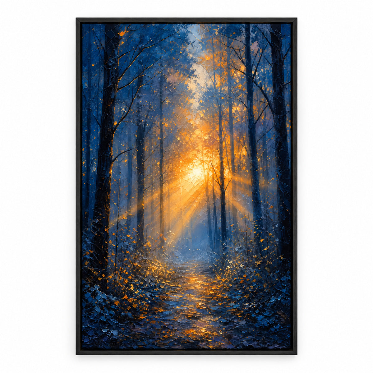 Forest Light Breakthrough Impressionistic Sunrise Canvas Wall Art | black_sku