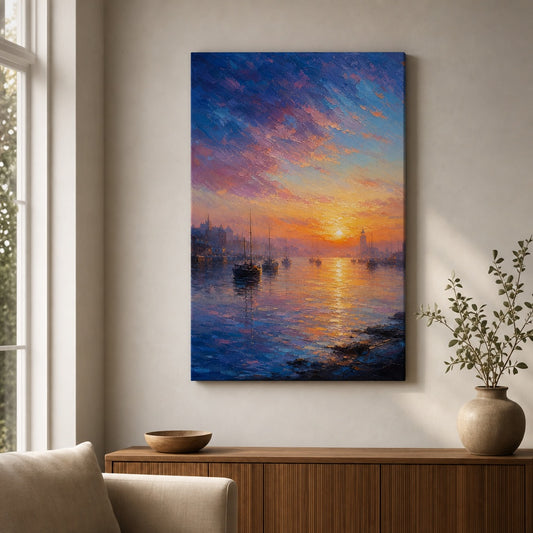 Harbor Dawn Resolve Impressionistic Sunrise Canvas Wall Art — room scene