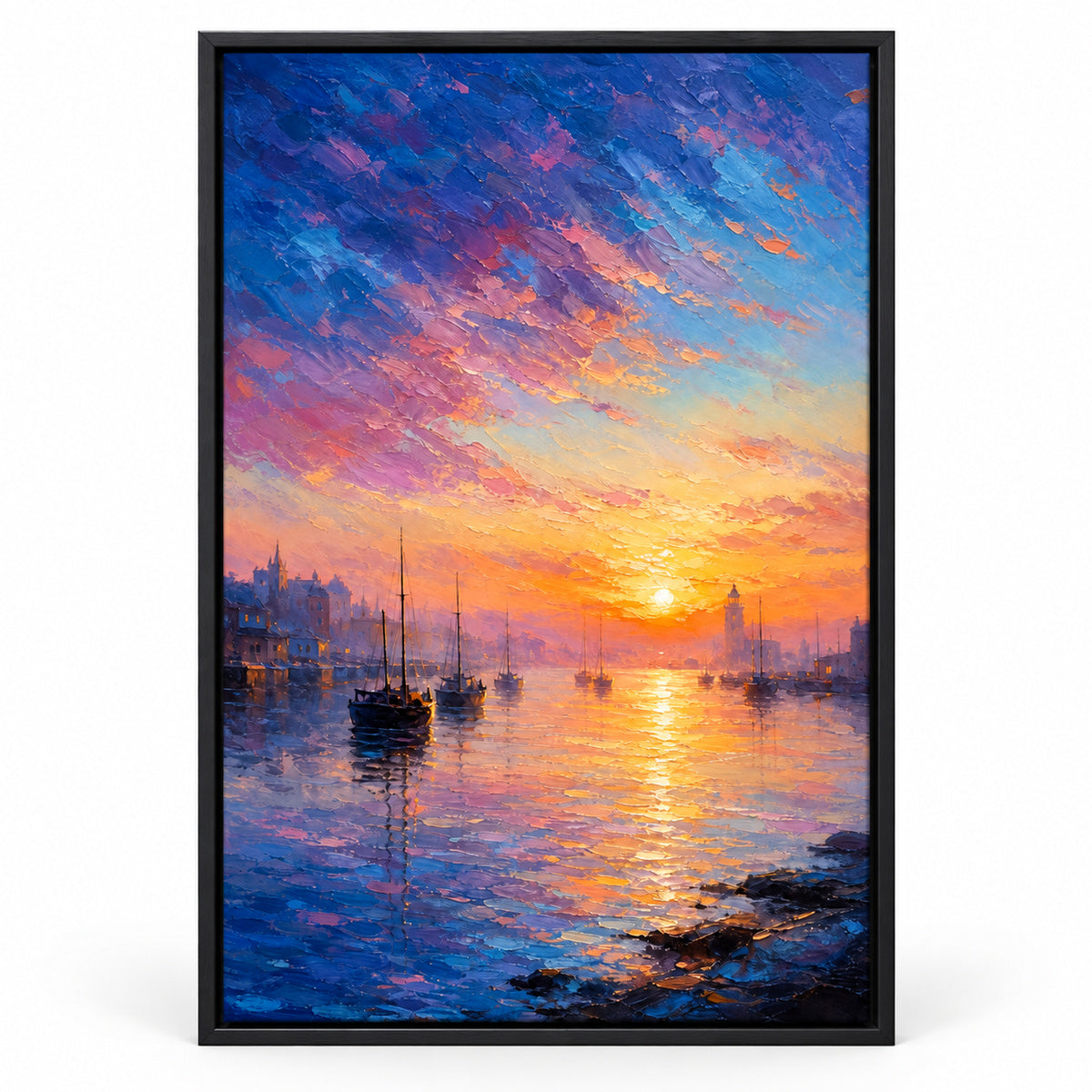 Harbor Dawn Resolve Impressionistic Sunrise Canvas Wall Art | black_sku