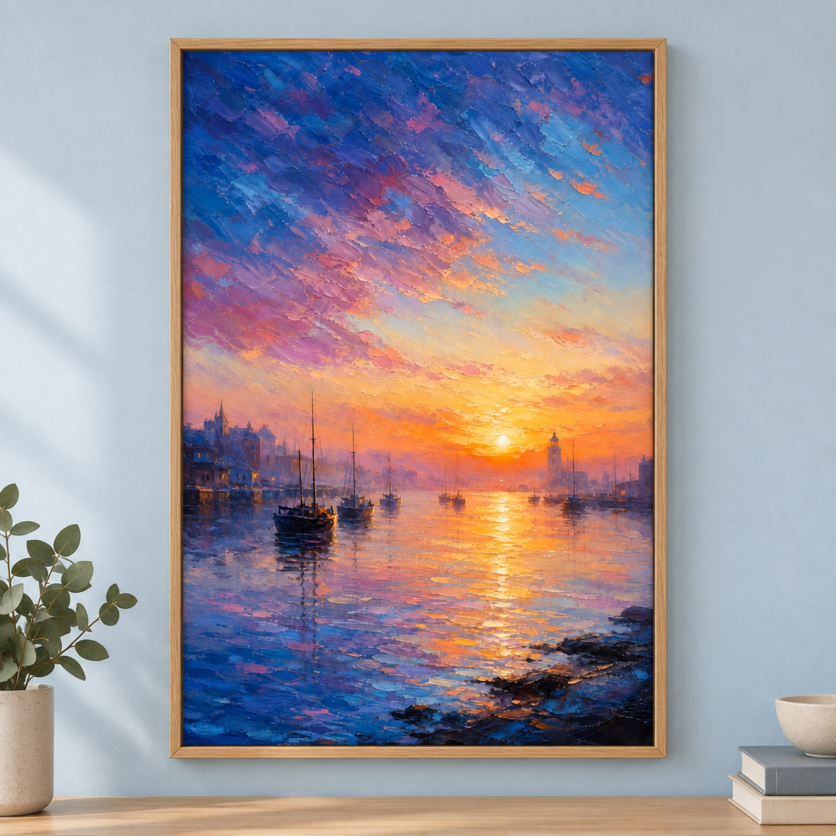 Harbor Dawn Resolve Impressionistic Sunrise Canvas Wall Art | brown_independent_close