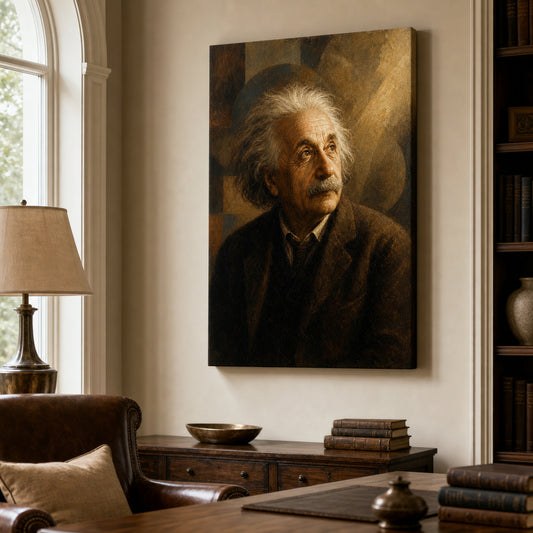 Einstein Gazing Light Vintage Portrait Canvas Wall Art — room scene