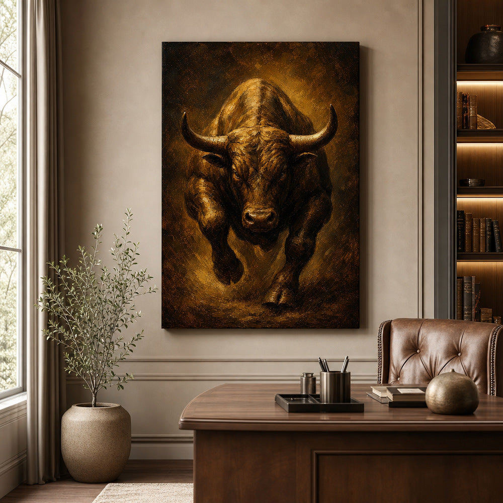 Bronze Bull Power Vintage Portrait Canvas Wall Art - 02_wall_scene