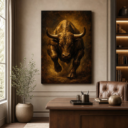 Bronze Bull Power Vintage Portrait Canvas Wall Art — room scene