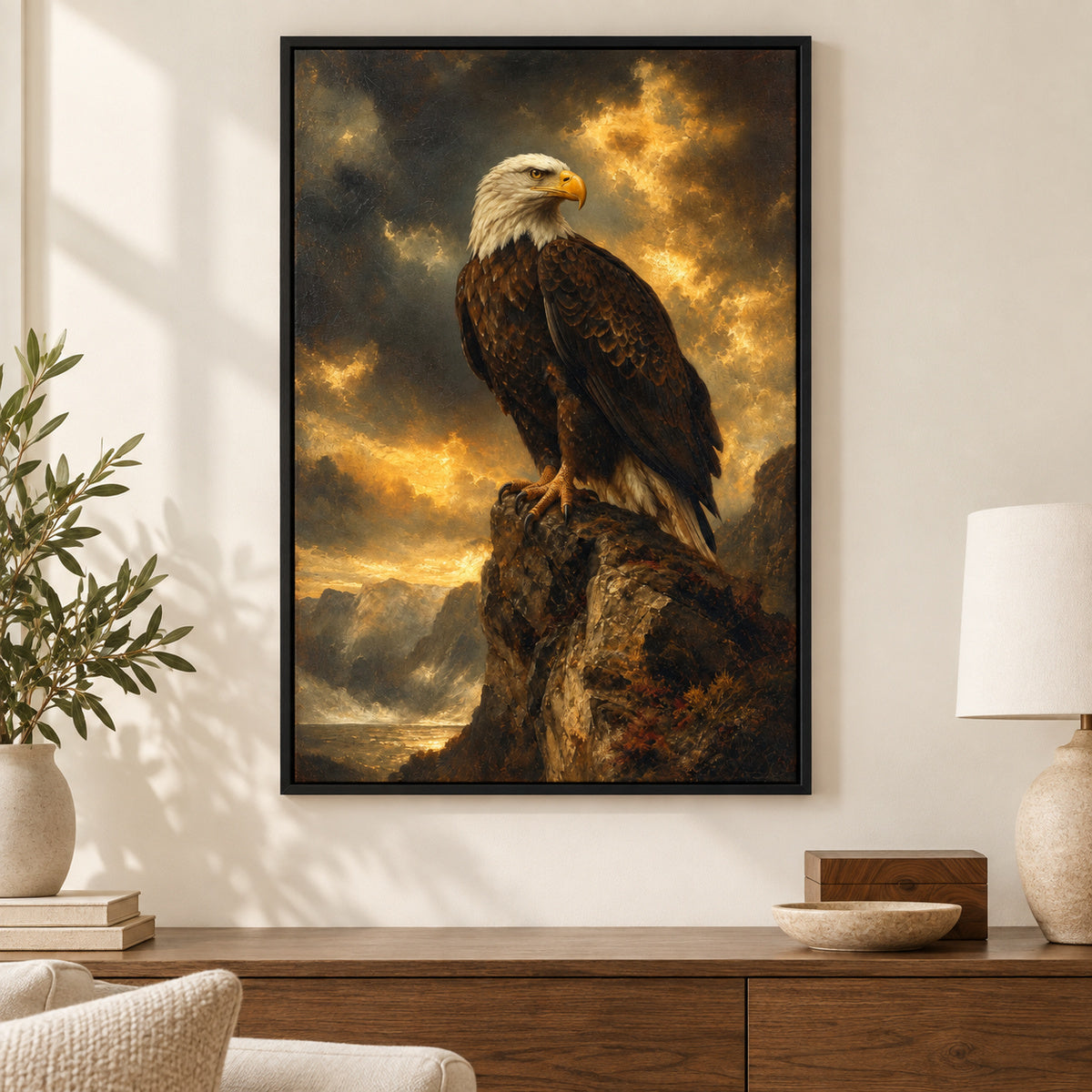 Eagle Commanding Sky Vintage Portrait Canvas Wall Art | black_independent_close